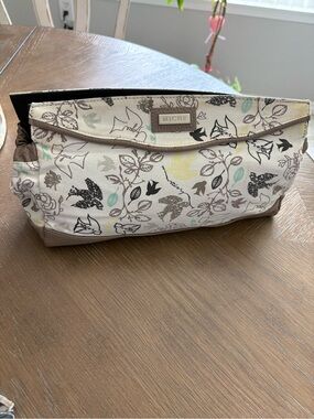 Miche Floral Bird Print Clutch in Cream with Taupe Trim and Mint Accents